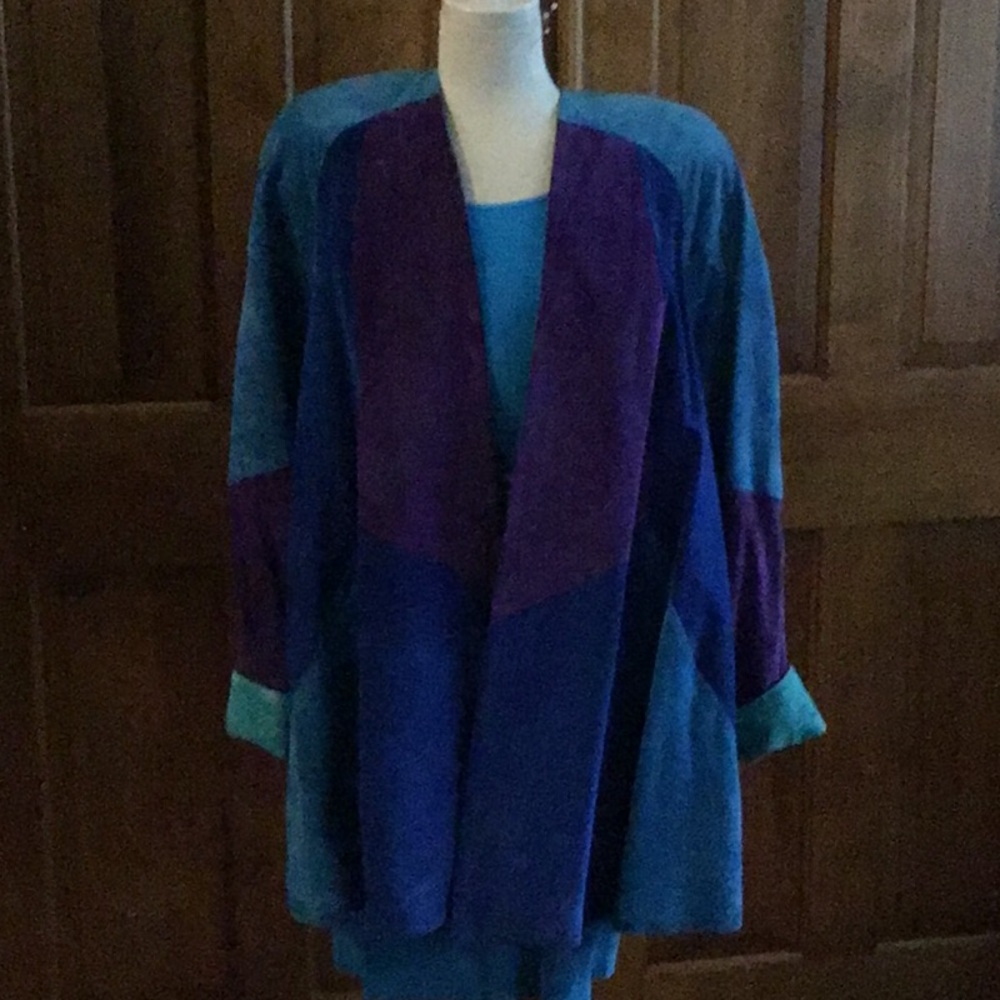 2piece turquoise multi colored jacket n turquoise skirt